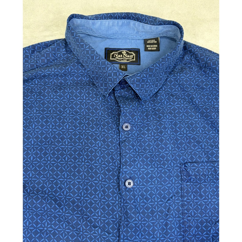 Nat Nast Mens Button Down Shirt XL Silk Blend Geometric Short Sleeve Blue